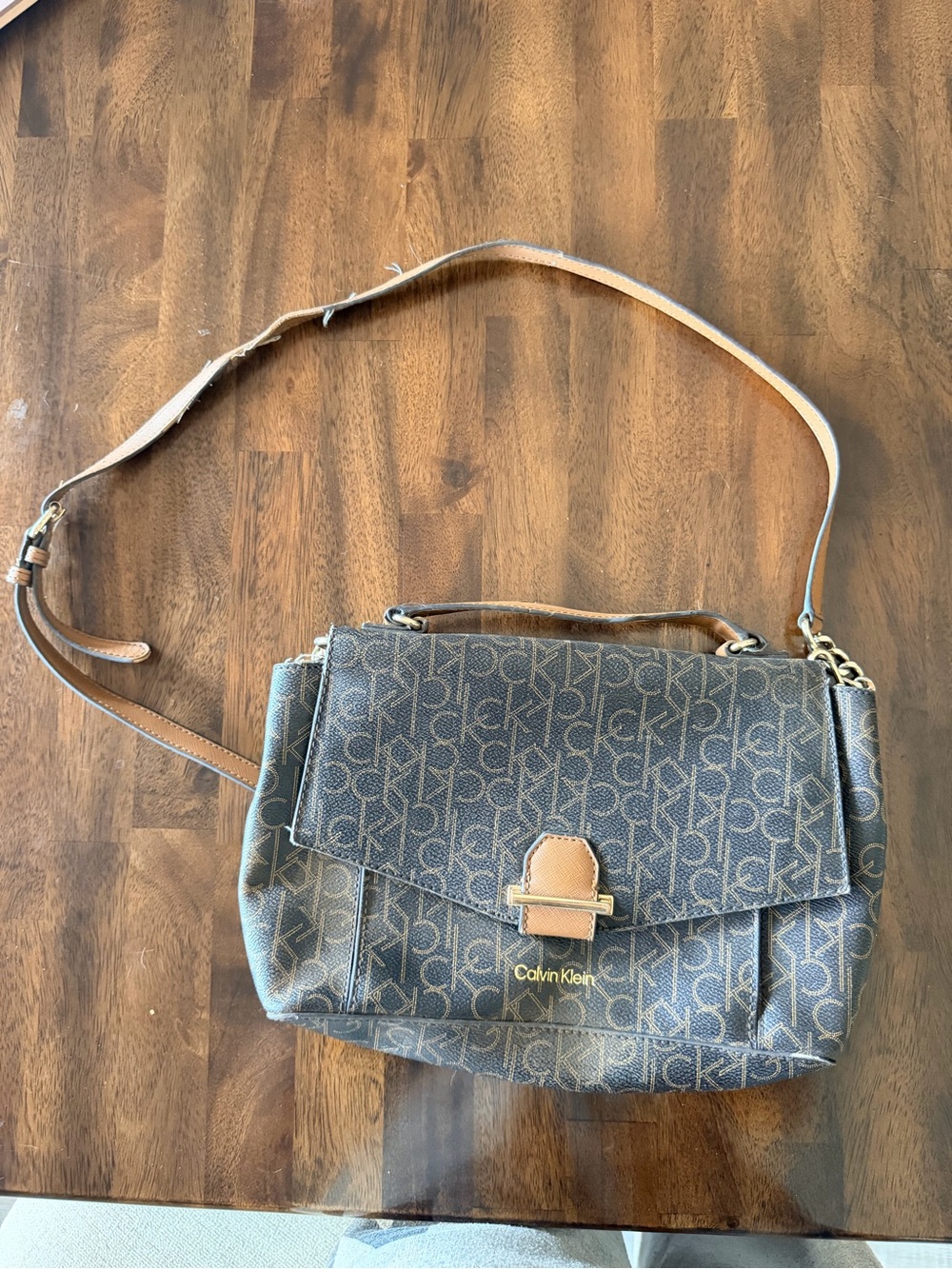 Calvin Klein Tan and Brown Monogram Shoulder Bag